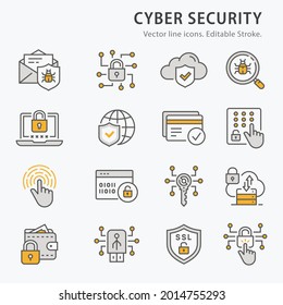 Cyber security icons, such as antivirus firewall, email virus threat, access control and more. Editable Stroke. Vector illustration.