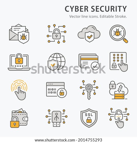 Cyber security icons, such as antivirus firewall, email virus threat, access control and more. Editable Stroke. Vector illustration.