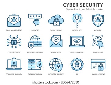 Cyber security icons, such as data encryption, verificationt, digital key and more. Change to any size and any colour.