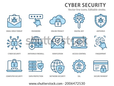 Cyber security icons, such as data encryption, verificationt, digital key and more. Change to any size and any colour.