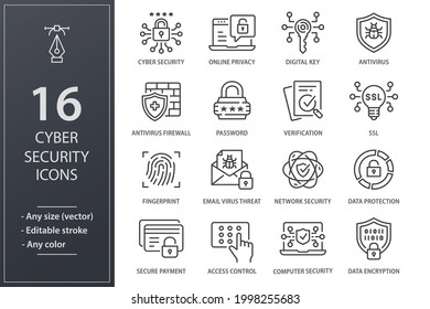 Cyber security icons, such as email virus threat, digital key, verification and more. Editable stroke.