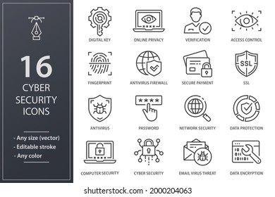 Cyber security icons, such as email virus threat, protection, verification and more. Editable stroke.