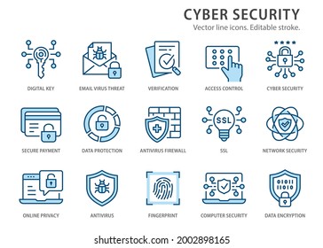 Cyber Security Icons, Such As Email Virus Threat, Digital Key, Verification And More. Change To Any Size And Any Colour.