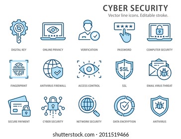 Cyber security icons, such as email virus threat, data protection, verification and more. Change to any size and any colour.