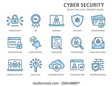 Cyber security icons, such as password, digital key, verification and more. Change to any size and any colour.