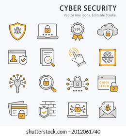 Cyber security icons, such as password, email virus threat, digital key and more and more. Editable Stroke. Vector illustration.