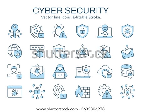 Cyber security icons, such as shield, lock, safety, safe and more. Vector illustration isolated on white. Editable stroke. Change to any size and any color.