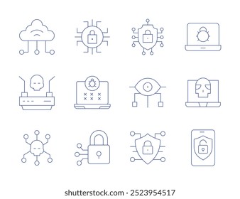 Ícones de segurança cibernética Estilo Thin Line, curso editável. segurança cibernética, spyware, virtual, vírus, wifi, navegador, bug, ataque cibernético.