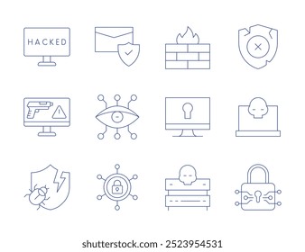 Ícones de segurança cibernética Estilo Linha Fina, curso editável. anti, escudo quebrado, ciber, segurança cibernética, hackeado, roubo online, escudo, firewall, bloqueio, servidor.