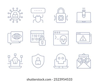 Ícones de segurança cibernética Estilo Thin Line, curso editável. segurança cibernética, spyware, terminal, bug, ataque cibernético, ameaças de segurança cibernética, ddos, hacking, vírus, cibernética.