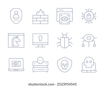 Cyber security icons. Thin Line style, editable stroke. firewall, lock, server, trojan horse, view, virus, digital security, spyware, cyber security, cybersecurity threats, browser.