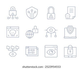 Iconos de seguridad cibernética. Estilo de línea delgada, golpe editable. ciberseguridad, amenaza, spyware, seguridad digital, archivo, Internet, portátil, seguridad, espía, Web.