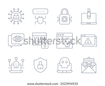 Cyber security icons. Thin Line style, editable stroke. cyber security, spyware, terminal, bug, cyber attack, cybersecurity threats, ddos, hacking, virus, cyber.