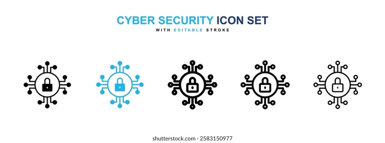 Cyber security icons vector collection in black and blue colors on white background