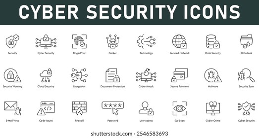 Cyber Security Icons Ilustración vectorial con trazo editable de línea delgada que contiene tecnología de piratas informáticos de huellas dactilares Seguridad de datos de red segura Cifrado de seguridad en la nube Escaneo de Contraseña Cortafuegos