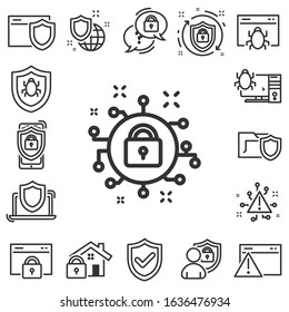 Cyber security icons. Vector line icons set. Contains such Icons as Firewall, Pirate Flag, Web Spider, Password and more.