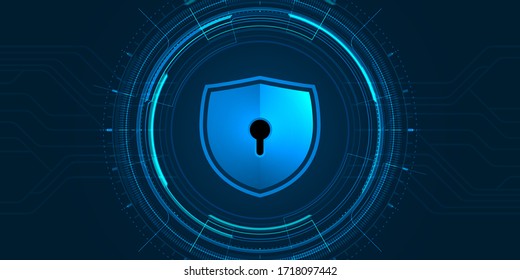 Cyber Security Illustration, Blue Shield And Circle Futuristic Interface On Dark Background.