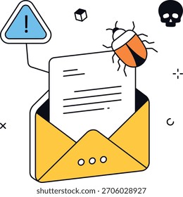 Ilustración de seguridad cibernética que representa malware en un archivo adjunto de correo electrónico. Concepto de conciencia de seguridad con bug, cráneo y símbolo de advertencia. Ilustración vectorial plana isométrica.