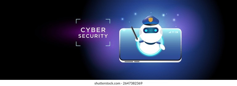 Ilustração de segurança cibernética com um robô policial bonito emergindo de um smartphone, simbolizando proteção digital, privacidade de dados móveis e tecnologia de segurança on-line.