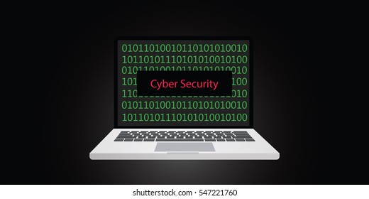 cyber security illustration with laptop and binary code on screen and cybersecurity text on top of that