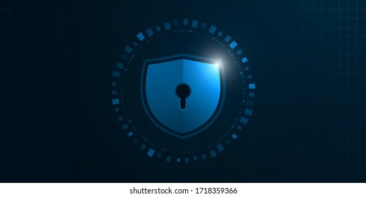 Cyber security illustration, light blue guard on dark grid background.