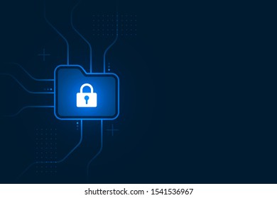 Cyber security illustration, lock file icon on circuit line, blue light on dark background, copy space composition.