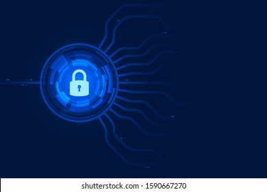 Cyber security illustration, lock icon on circuit line, light graphic on blue background, copy space composition.