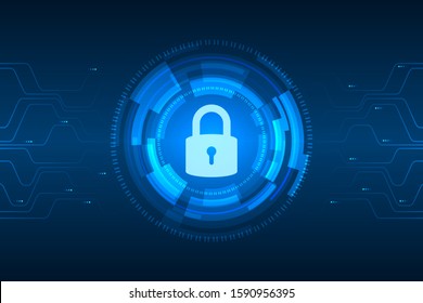 Cyber Security Illustration, Lock Icon On Circuit Line, Light Graphic On Blue Background.