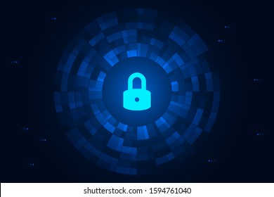 Cyber security illustration, lock icon on abstract digital circle, light graphic on blue dark background.