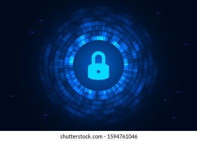 Cyber security illustration, lock icon on abstract digital circle, light graphic on blue dark background.