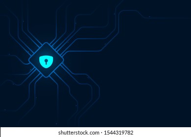 Cyber security illustration, lock shield icon on circuit line, blue light on dark background, copy space composition.