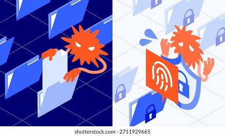 Una ilustración de seguridad cibernética que muestra el control de acceso de Zero Trust que verifica la identidad y el estado del dispositivo para bloquear el ransomware y las amenazas no autorizadas en los sistemas de oficina y en la nube