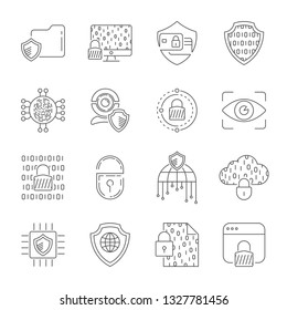 Cyber security, information, data and network protection. Protection technology, web services for business and internet safety. Thin line icons set. Editable Stroke. EPS 10