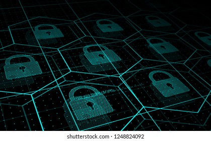 Cyber security, information security. HUD blue hexagons and padlocks, futuristic background. Vector illustration.