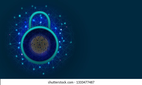 Cyber security and information or network protection concept with padlock and fingerprint scanner on abstract background with copy space. Vector illustration