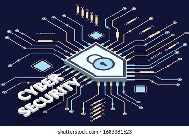 Cyber security. Information privacy, data protection. Circuit board. Microchip. Microprocessor. Vector illustration.