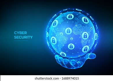 Cyber security. Information protect and Security of Safe concept. World map point and line composition. Earth globe in hand. Illustrates data security or network security idea. Vector illustration.