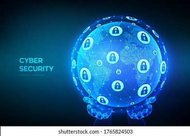 Cyber security. Information protect and Security of Safe concept. World map point and line composition. Earth globe in hands. Illustrates data security or network security idea. Vector illustration.