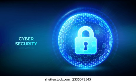 Cyber security. Information protect and or safe concept. Abstract 3D sphere or globe with surface of hexagons with Lock icon illustrates cyber data security or network security. Vector illustration.