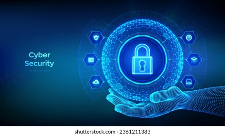 Ciberseguridad. Protección de la información y/o concepto seguro. Resumen de esfera 3D o globo con superficie de hexágonos con icono Bloquear en la mano del armazón. Seguridad cibernética o de red. Ilustración vectorial.