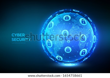 Cyber security. Information protect and Security of Safe concept. World map point and line composition. Earth globe. Illustrates cyber data security or network security idea. Vector illustration.