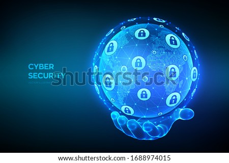 Cyber security. Information protect and Security of Safe concept. World map point and line composition. Earth globe in hand. Illustrates data security or network security idea. Vector illustration.