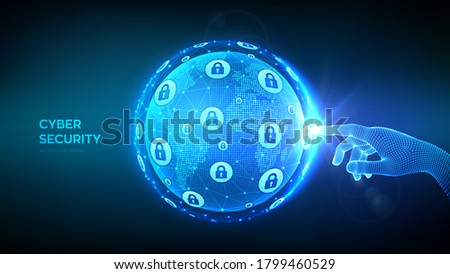 Cyber security. Information protect and Security of Safe concept. Hand touching Earth globe world map point and line composition. Cyber data security or network security idea. Vector illustration.