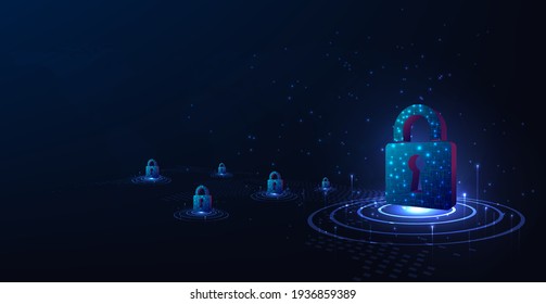 Cyber security and information protection design concept.Padlock with keyhole symbol on dark blue background.Illustrates cyber data security.Vector illustration 3D protection.