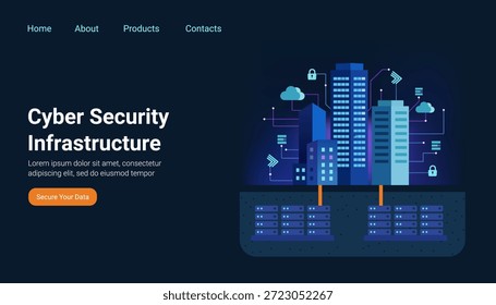 Concepto de infraestructura de seguridad cibernética con servidores de centros de datos subterráneos conectados a rascacielos modernos de la ciudad, líneas de red brillantes, íconos de la nube y símbolos de candado en una página de aterrizaje de Web futurista oscuro