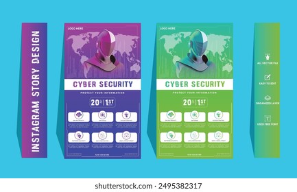 Cyber Security instagram story Concepts. Vector Illustration of Outline Design
