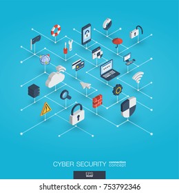 Cyber Security Integrated 3d Web Icons. Digital Network Isometric Interact Concept. Connected Graphic Design Dot Line System. Abstract Big Data Protect Background And Internet Safety. Vector Infograph