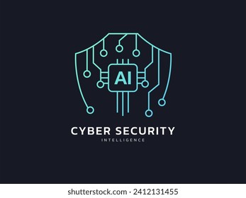 Cyber security intelligence with AI Technology protection shield circuit board lines shapes vector logo design concept. Artificial intelligence abstract circuit board lines shapes shield for business.