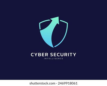 Cyber security intelligence data protection shield with up arrow vector logo design concept. Abstract shield security icon logotype symbol for ID protection, privacy solution, verify, big data, tech.