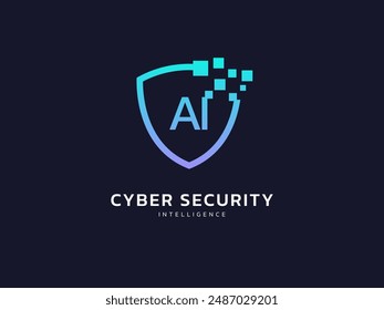 Cyber security intelligence data protection shield with letter AI digital transformation vector logo design concept. Abstract shield security icon logotype symbol for ID protection, privacy, ui, web.